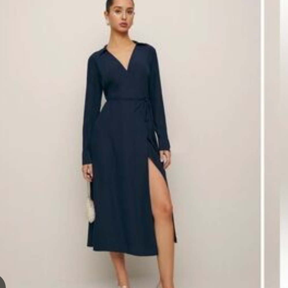 Reformation Silk Navy Wrap Midi Dress with Side Slit